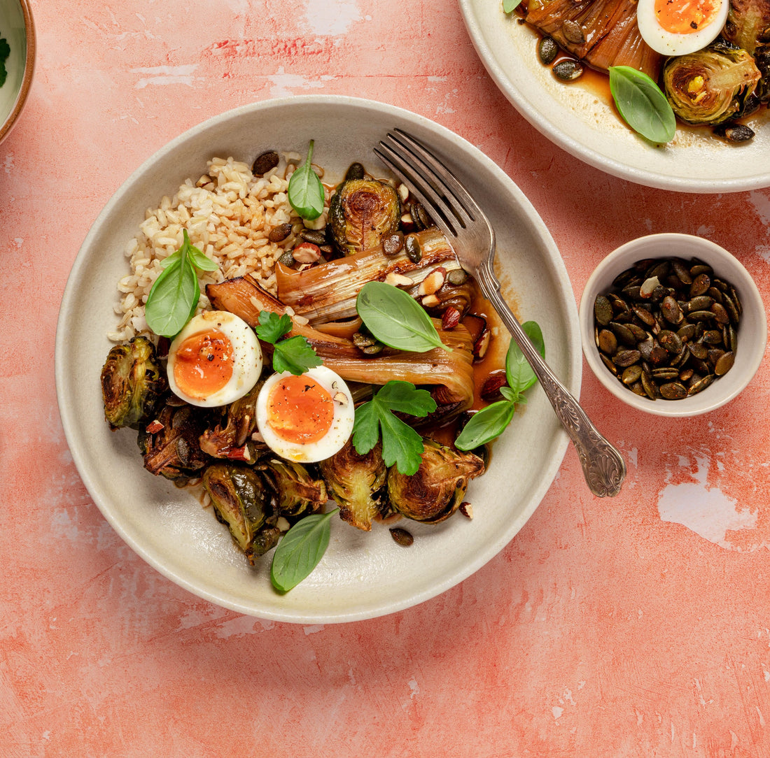 Rice Bowl with Braised Leek & Crispy Brussel Sprouts